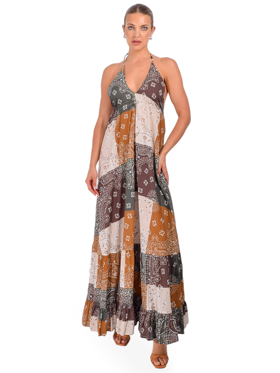 5 PROGRESS Paradiso Summer Maxi Dress in Bandana Military Green Front View 2