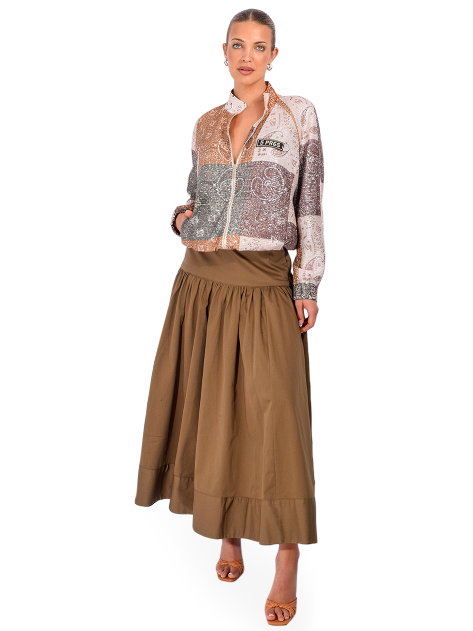 5 PROGRESS Sequin Bomber Jacket in Military Bandana Green Full Outfit 