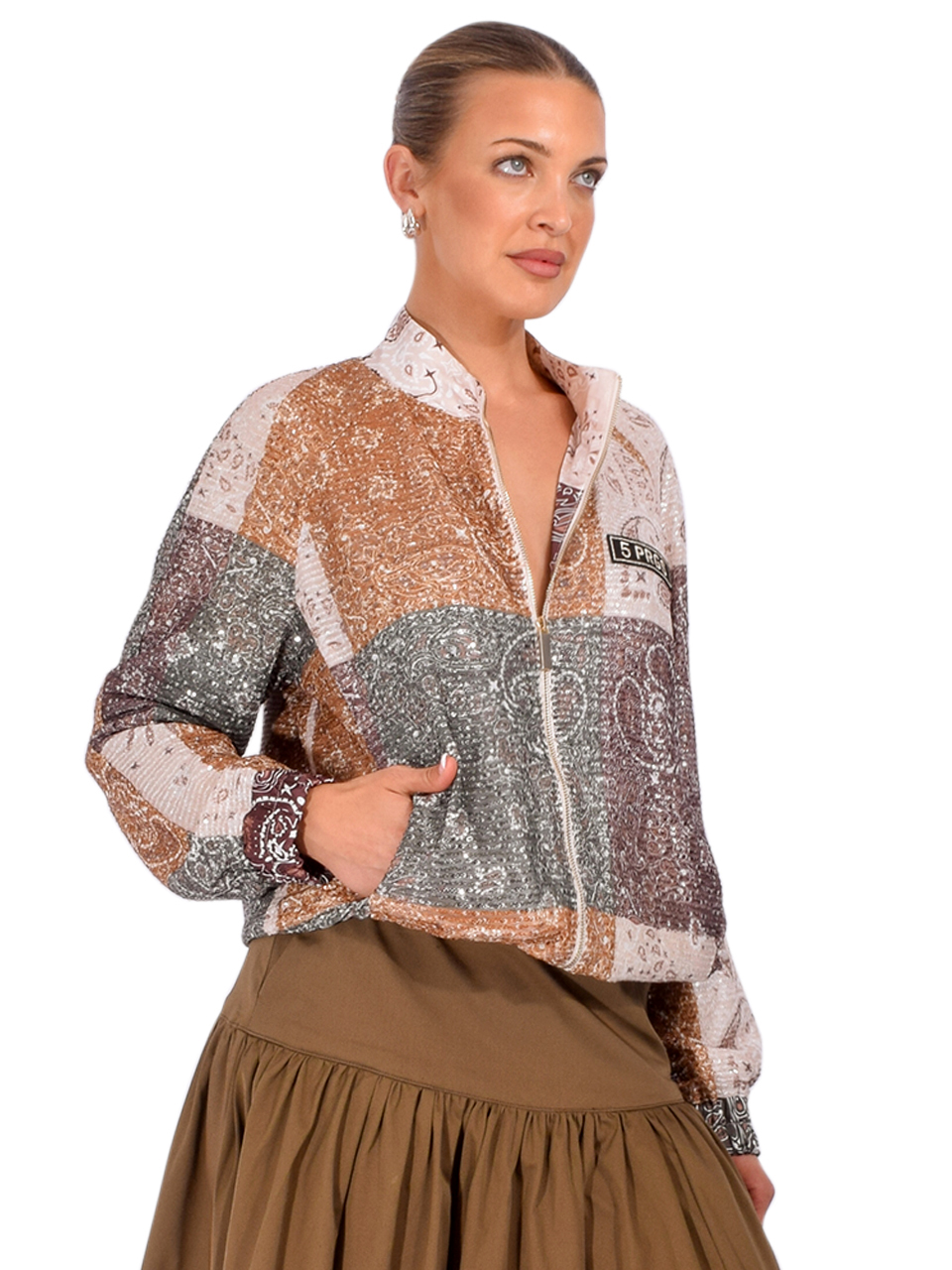 5 PROGRESS Sequin Bomber Jacket in Military Bandana Green Side View 