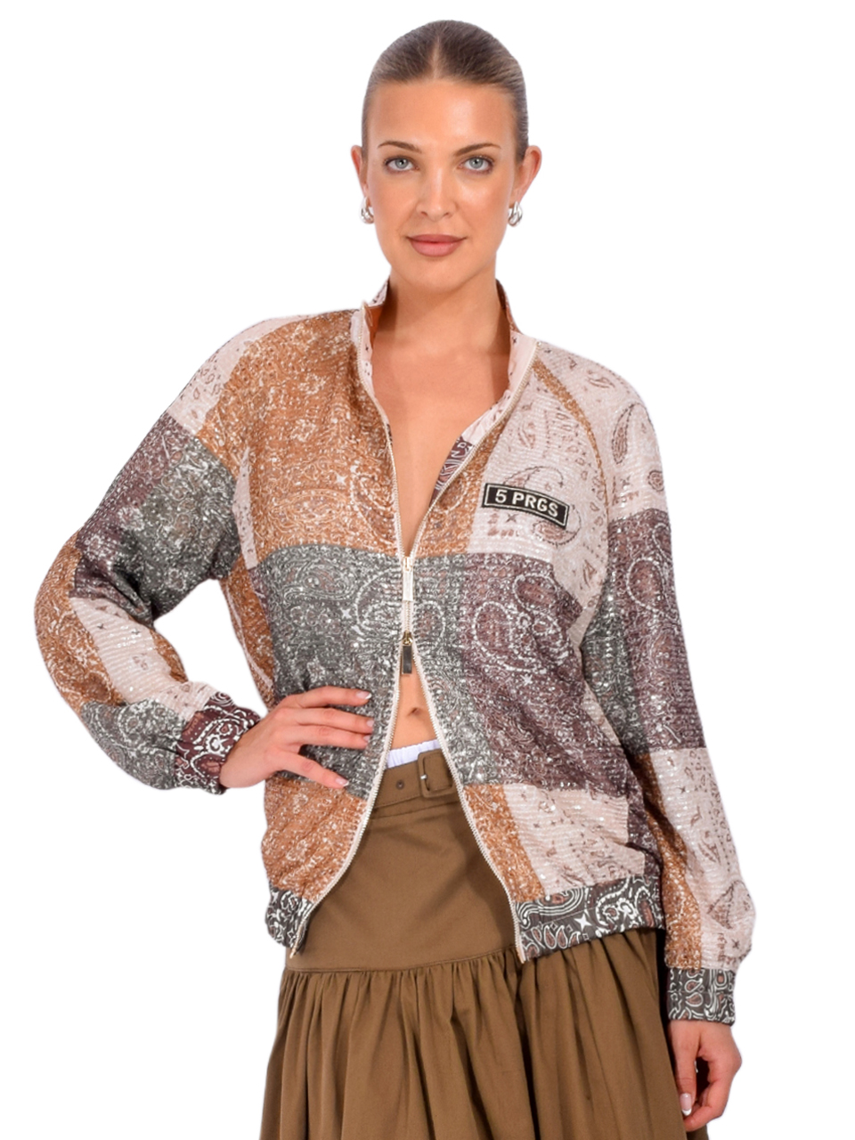 5 PROGRESS Sequin Bomber Jacket in Military Bandana Green Front View 