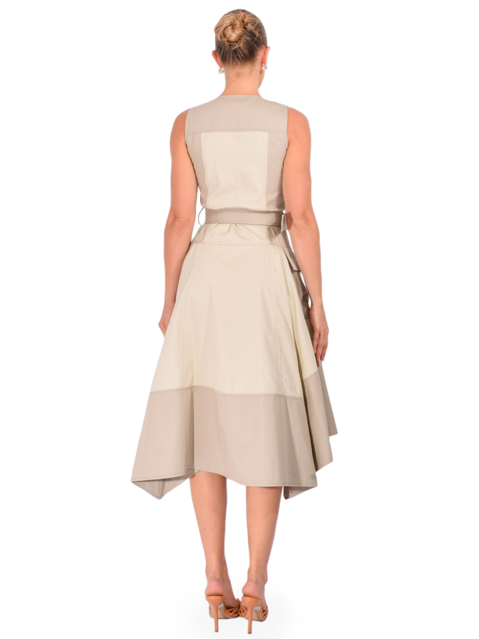 3.1 PHILLIP LIM Patchwork Sleeveless Belted Utility Dress in Khaki-Birch Back View 

