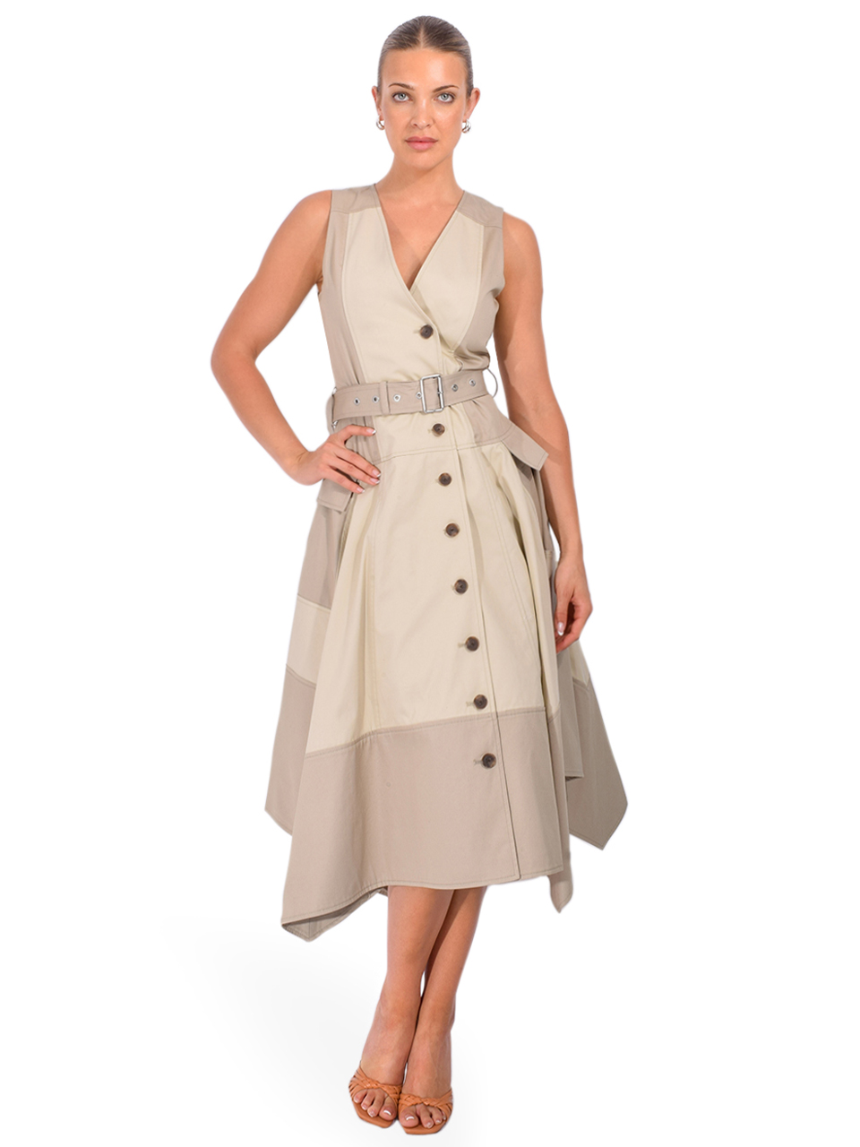 3.1 PHILLIP LIM Patchwork Sleeveless Belted Utility Dress in Khaki-Birch Front View 2

