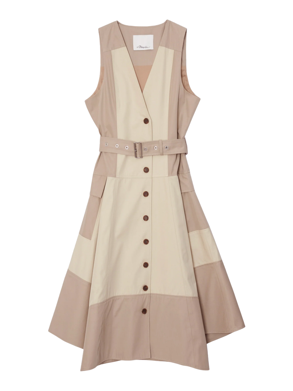 3.1 PHILLIP LIM Patchwork Sleeveless Belted Utility Dress in Khaki-Birch

