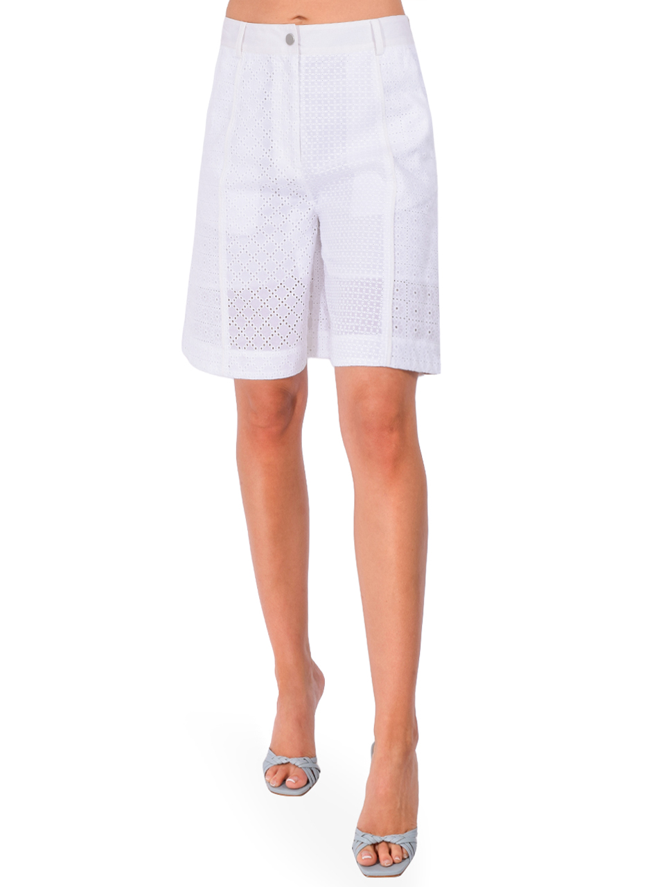 3.1 PHILLIP LIM Broderie Anglaise Patchwork Bermuda Shorts in White Front View 