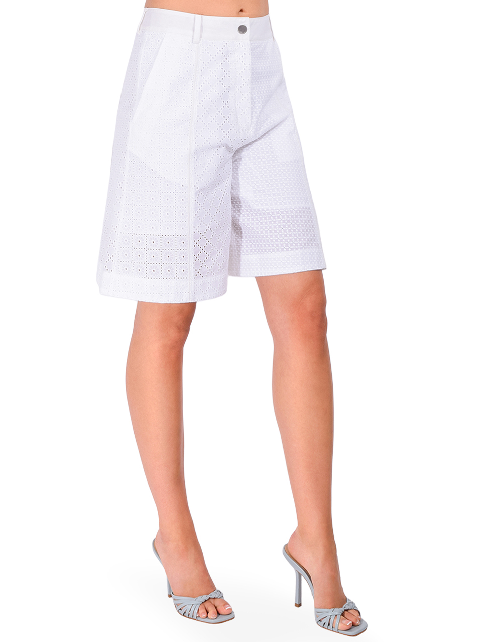 3.1 PHILLIP LIM Broderie Anglaise Patchwork Bermuda Shorts in White Side View 