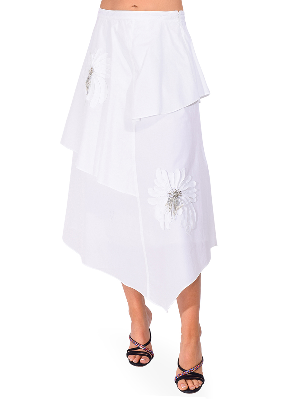 3.1 PHILLIP LIM Layered Skirt with Floral Appliqué in White Front View 