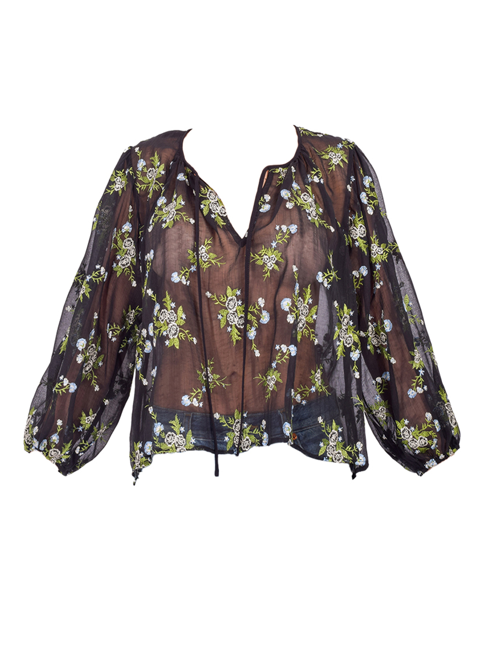 ANNA SUI Bluebell Embroidered Chiffon Blouse in Black Product Shot 