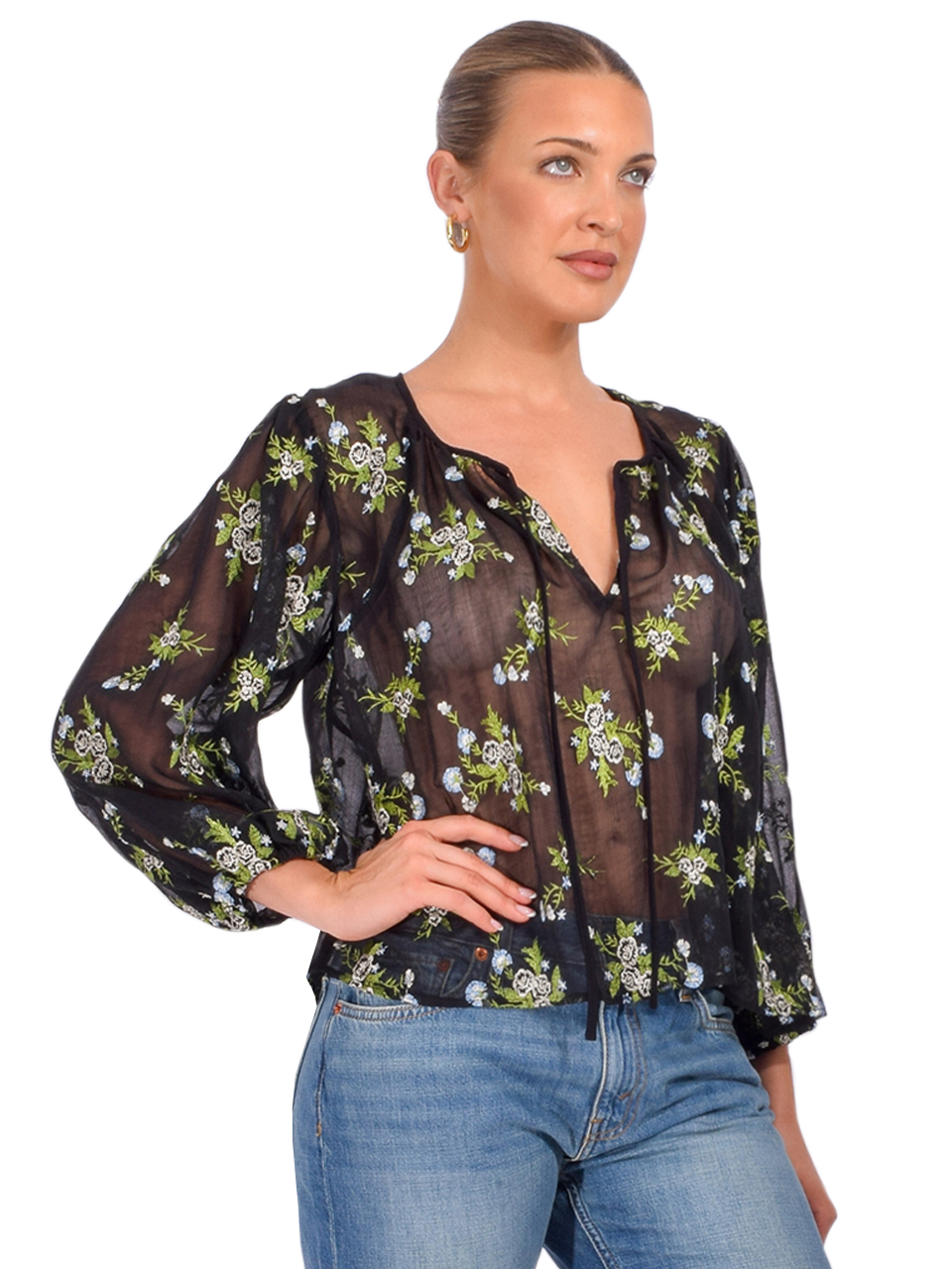 ANNA SUI Bluebell Embroidered Chiffon Blouse in Black Side View 