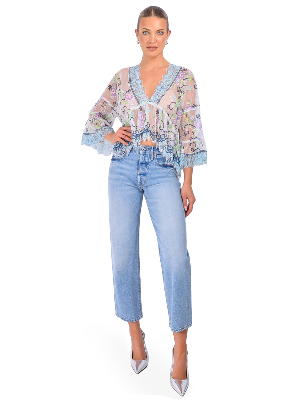 ANNA SUI Lady Chatterley's Lace V-Neck Top in Denim Multi Full Outfit 