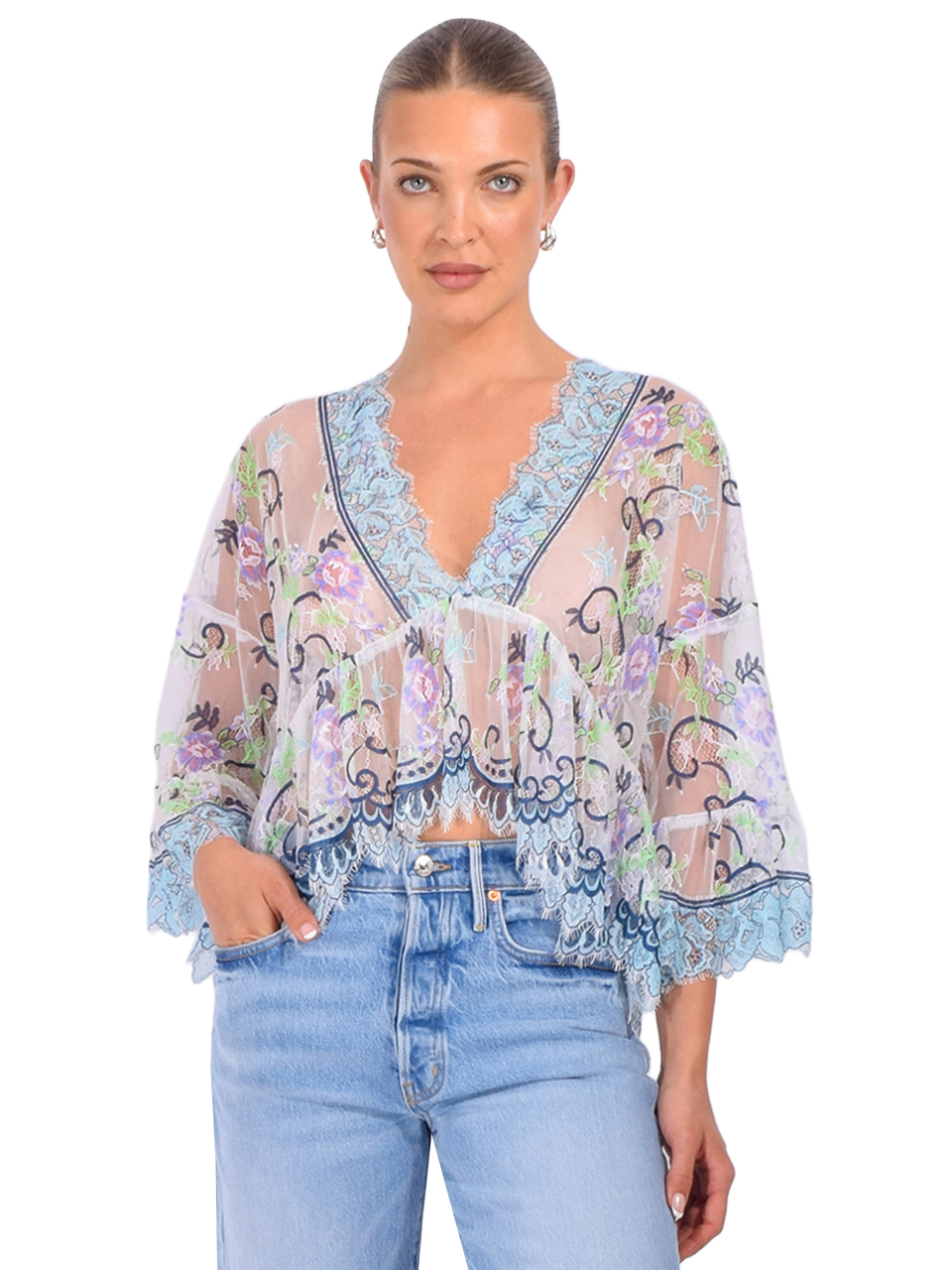 ANNA SUI Lady Chatterley's Lace V-Neck Top in Denim Multi Front View 