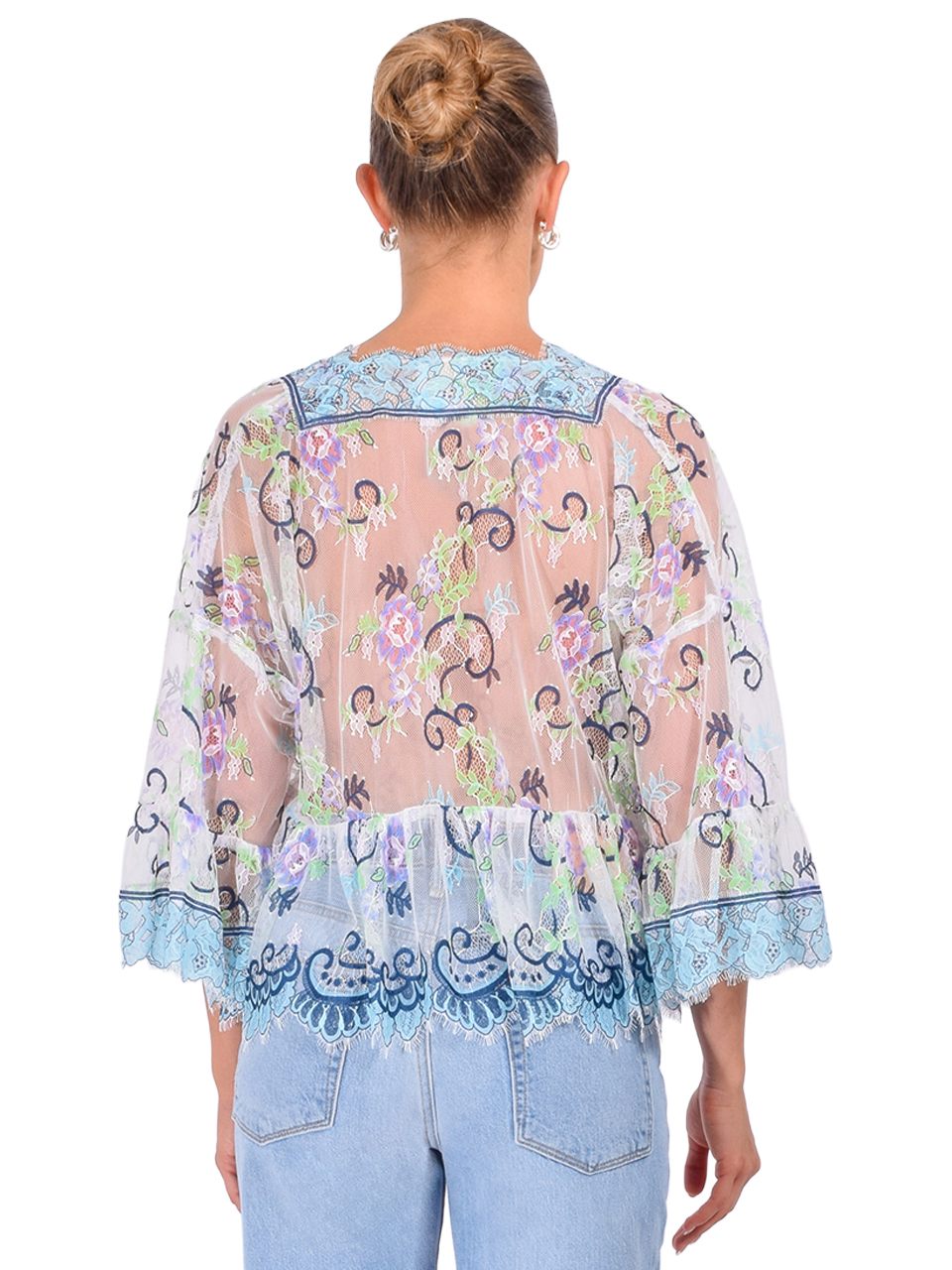 ANNA SUI Lady Chatterley's Lace V-Neck Top in Denim Multi, Women's