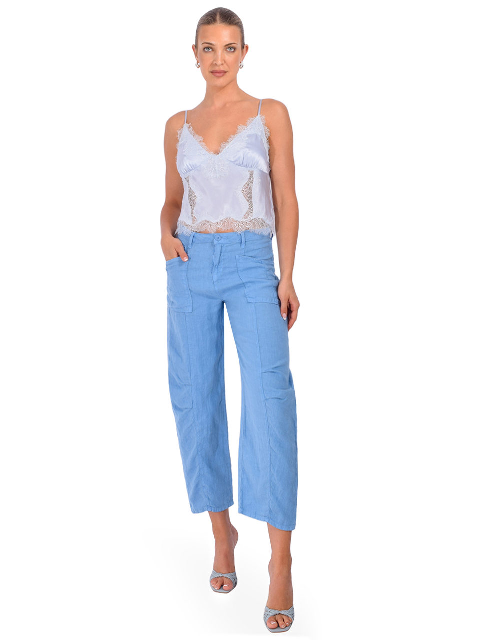 L'AGENCE Kimber Silk Lace Camisole in Pale Mist Blue Full Outfit 
