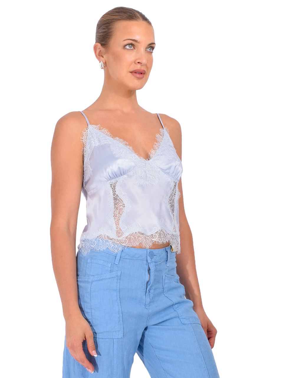 L'AGENCE Kimber Silk Lace Camisole in Pale Mist Blue Side View 
