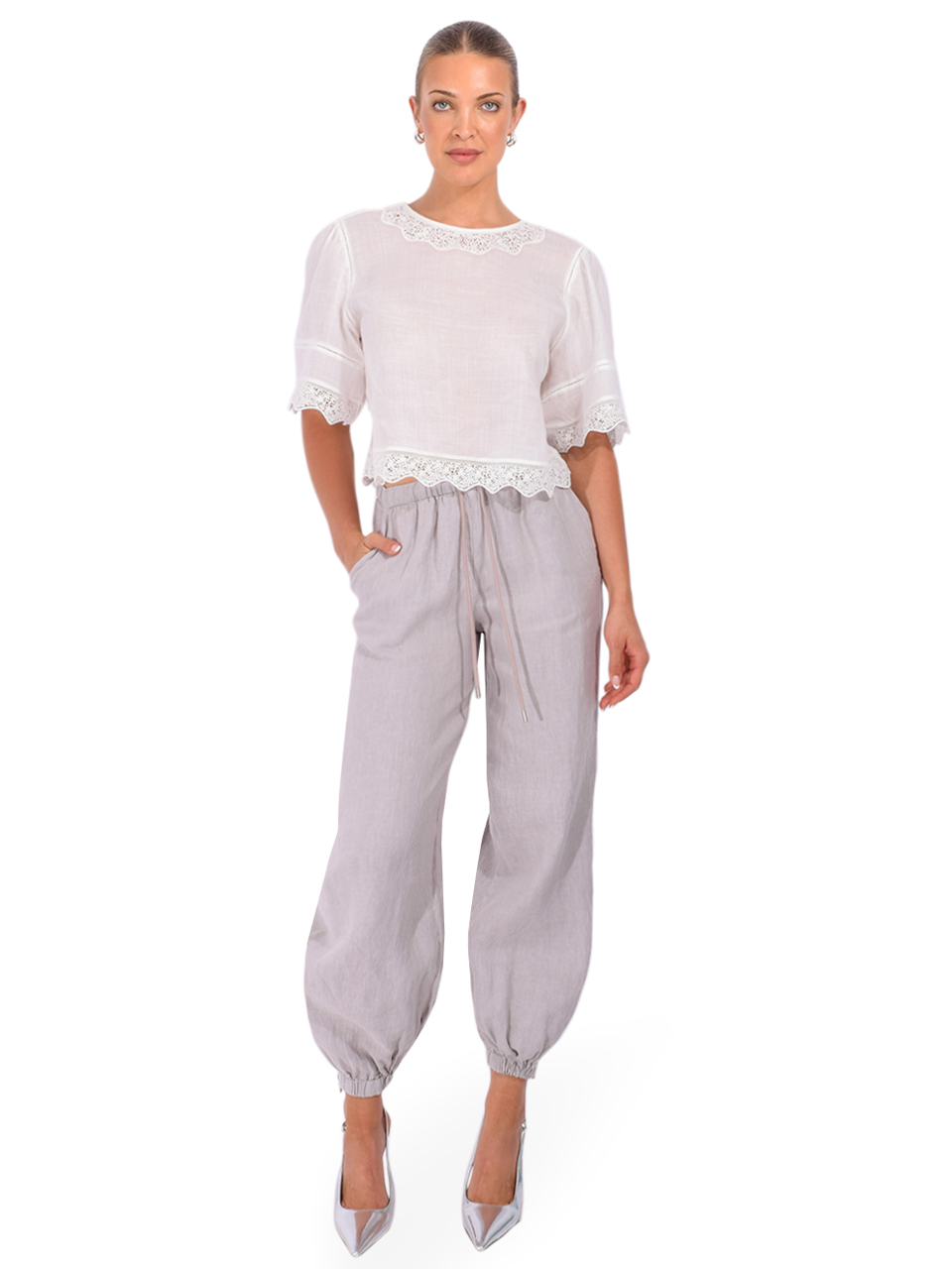 L'AGENCE Mariko Linen Jogger in Light Pewter Full Outfit 

