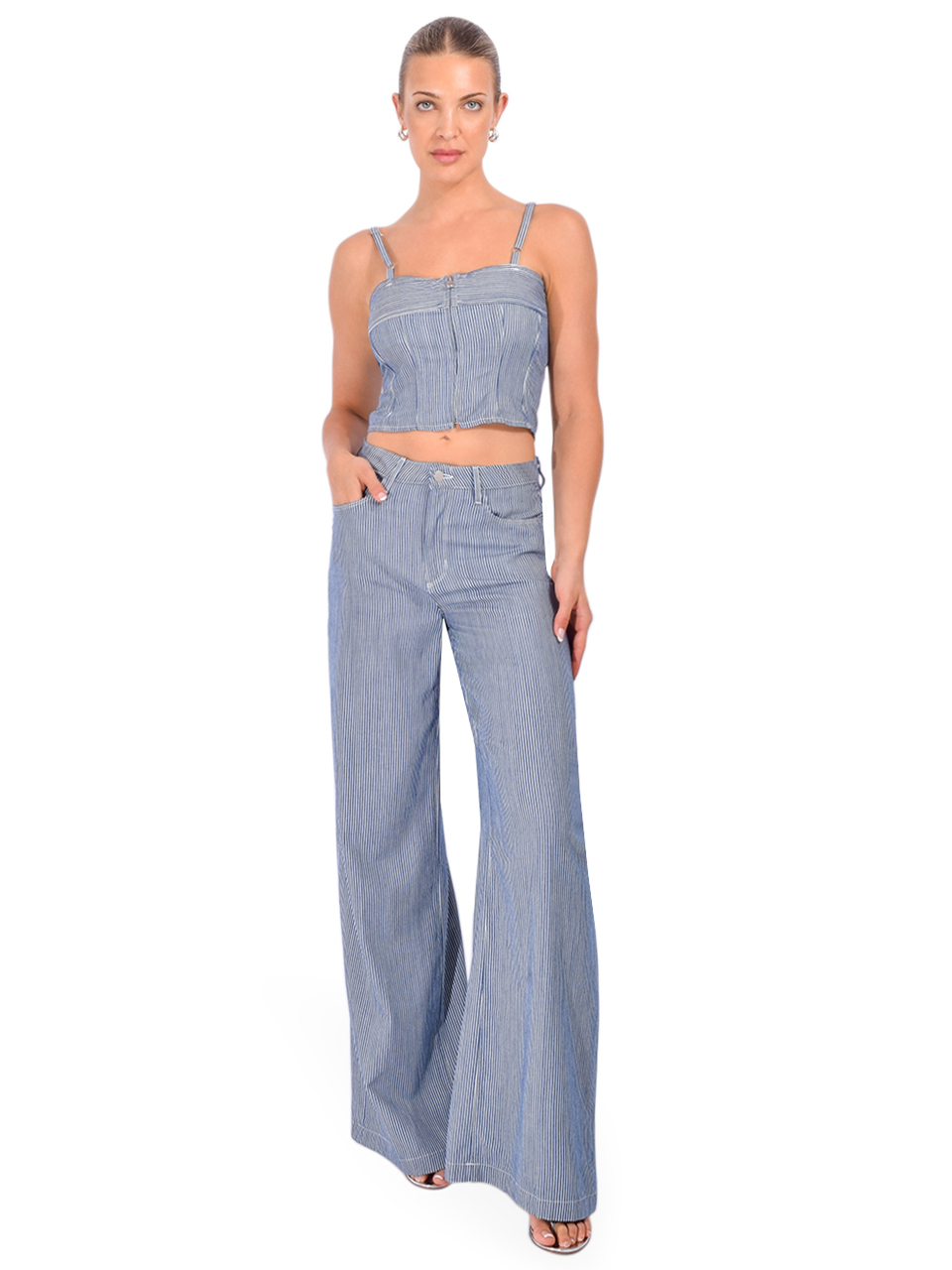 L'AGENCE Amara Wide-Leg Pant in Azure Blue Stripe Full Outfit 