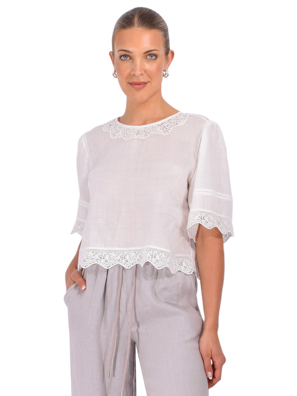 FRAME The Embroidered Top in White Front View 