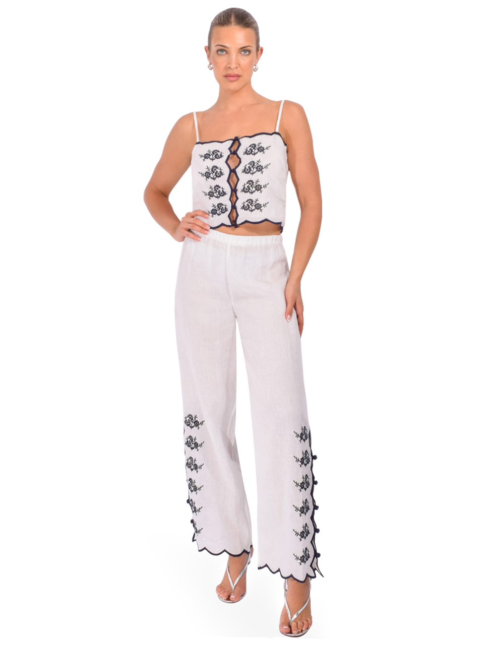 CAMI NYC Madrid Embroidered Linen Pant in White Full Outfit 