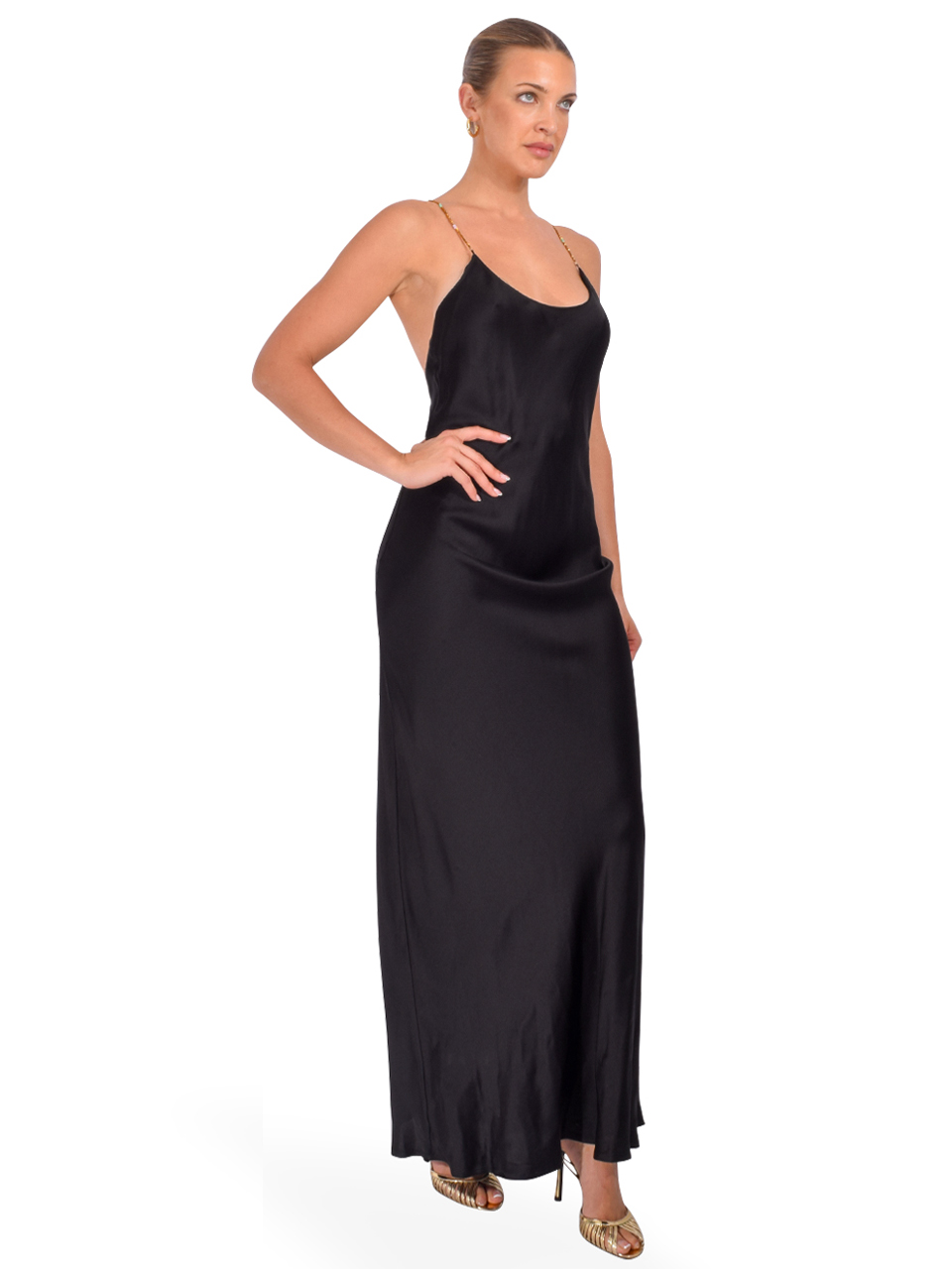 OTTOD'AME Long Viscose Satin Dress in Black Side View 