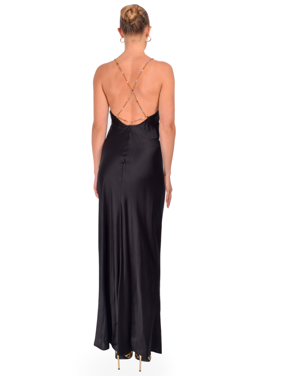 OTTOD'AME Long Viscose Satin Dress in Black Back View 