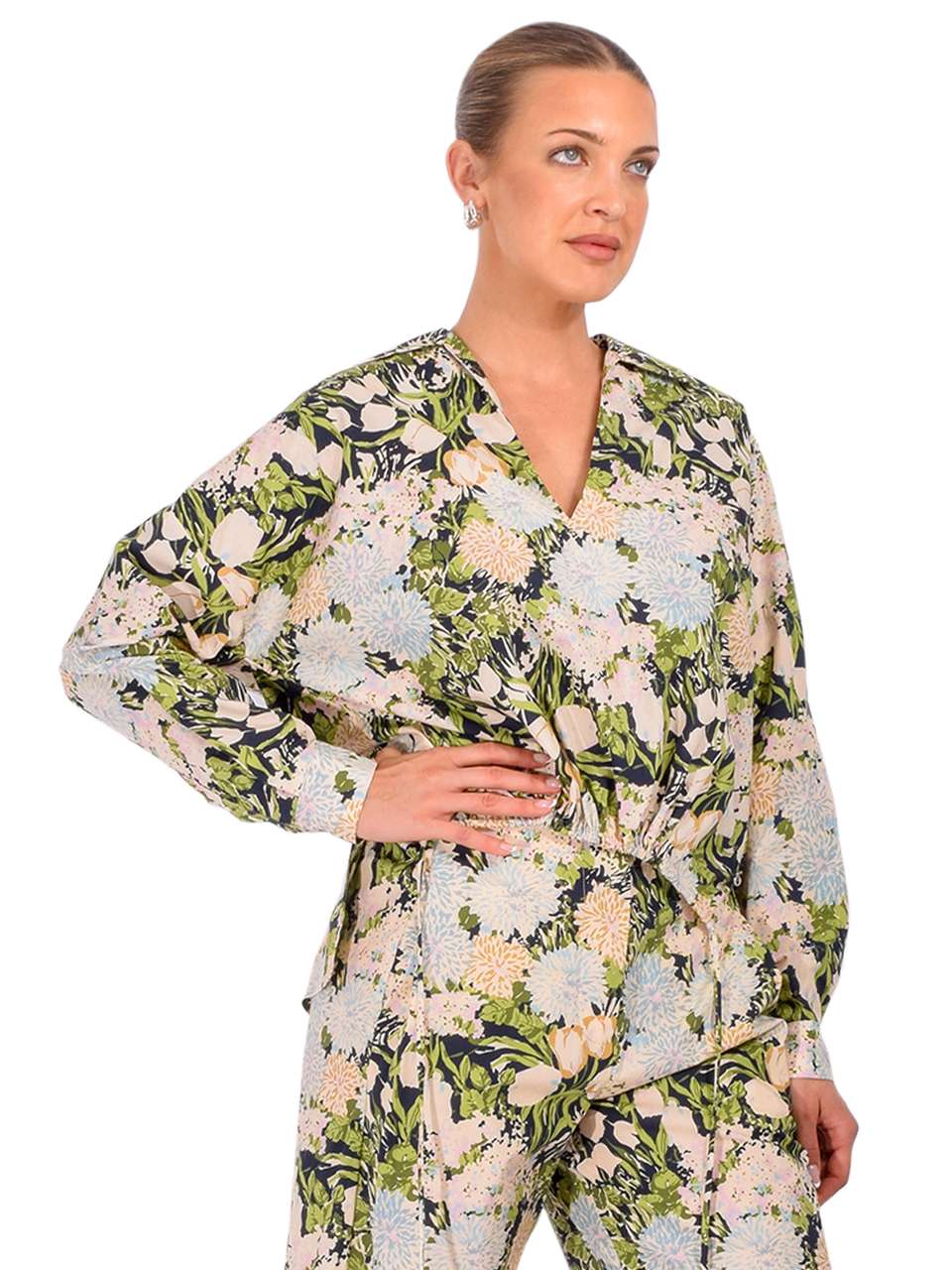 OTTOD'AME Cotton Shirt With Drawstring in Green Floral Multi Side View