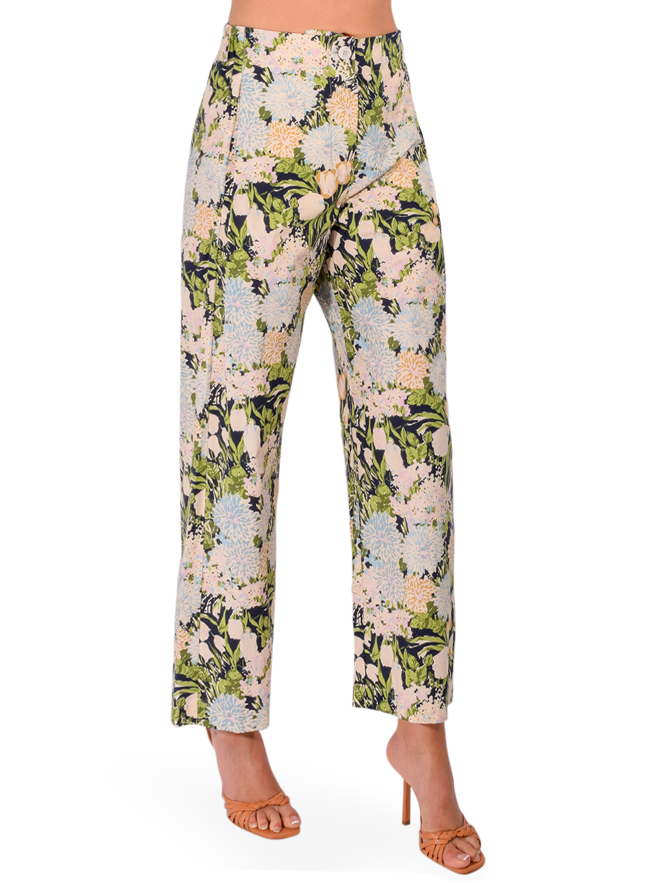 OTTOD'AME Wide Cotton Trousers in Green Floral Multi Side View 