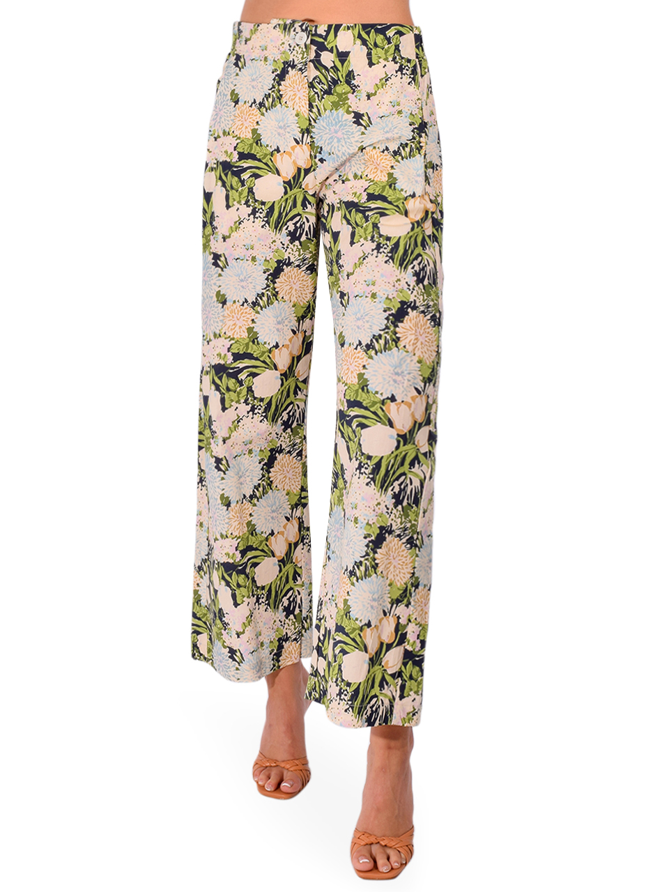 OTTOD'AME Wide Cotton Trousers in Green Floral Multi Front View 