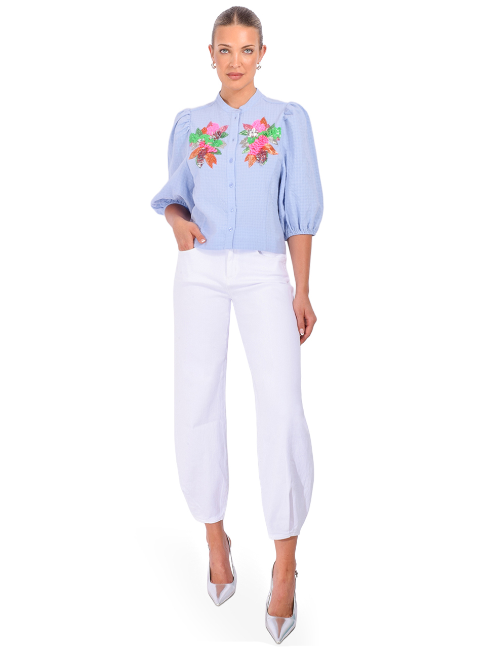 ESSENTIEL ANTWERP Jaiden Embellished Shirt in Nile Blue Full Outfit 