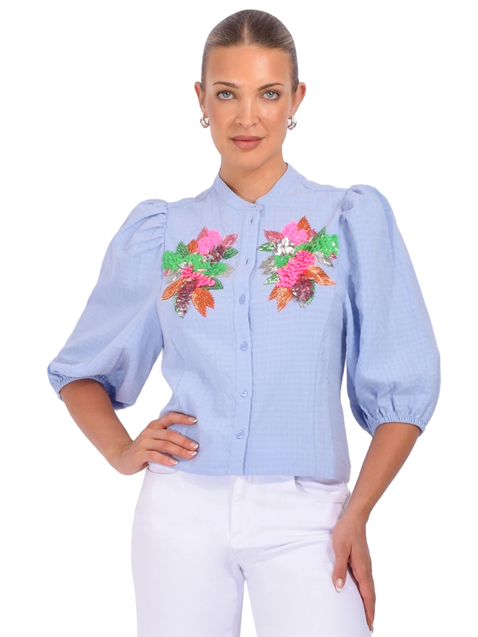 ESSENTIEL ANTWERP Jaiden Embellished Shirt in Nile Blue Front View 