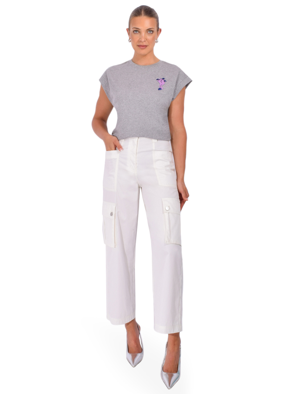 ESSENTIEL ANTWERP Jungala Embroidered T-Shirt in Gray Full Outfit 