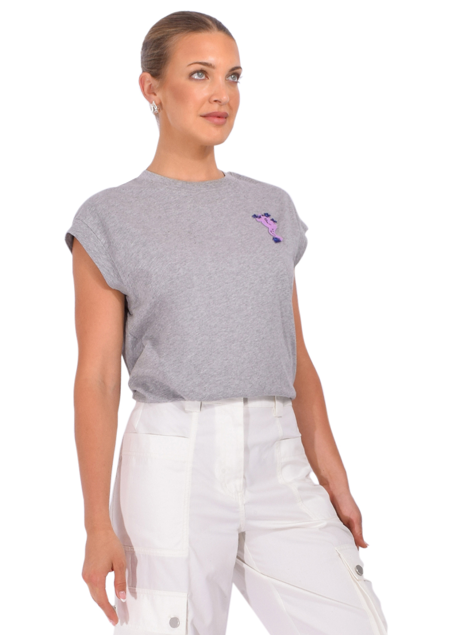 ESSENTIEL ANTWERP Jungala Embroidered T-Shirt in Gray Side View 