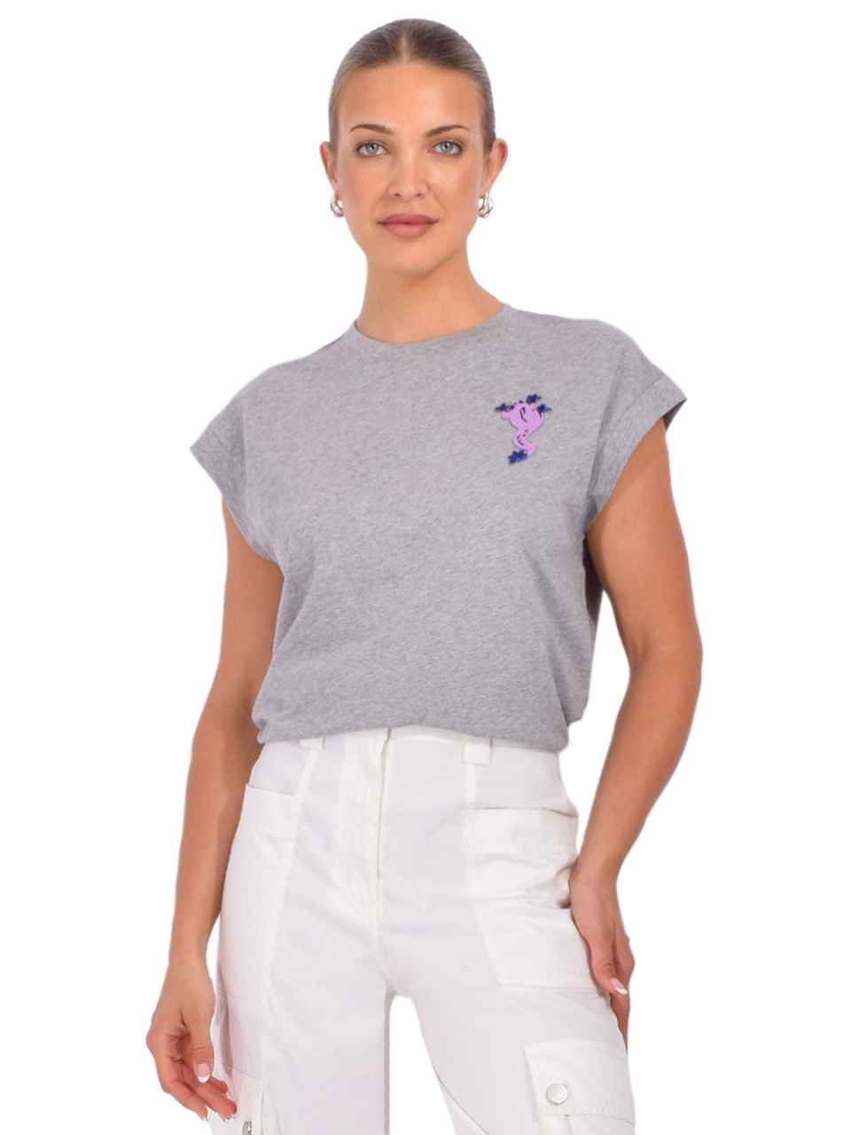 ESSENTIEL ANTWERP Jungala Embroidered T-Shirt in Gray Front View 