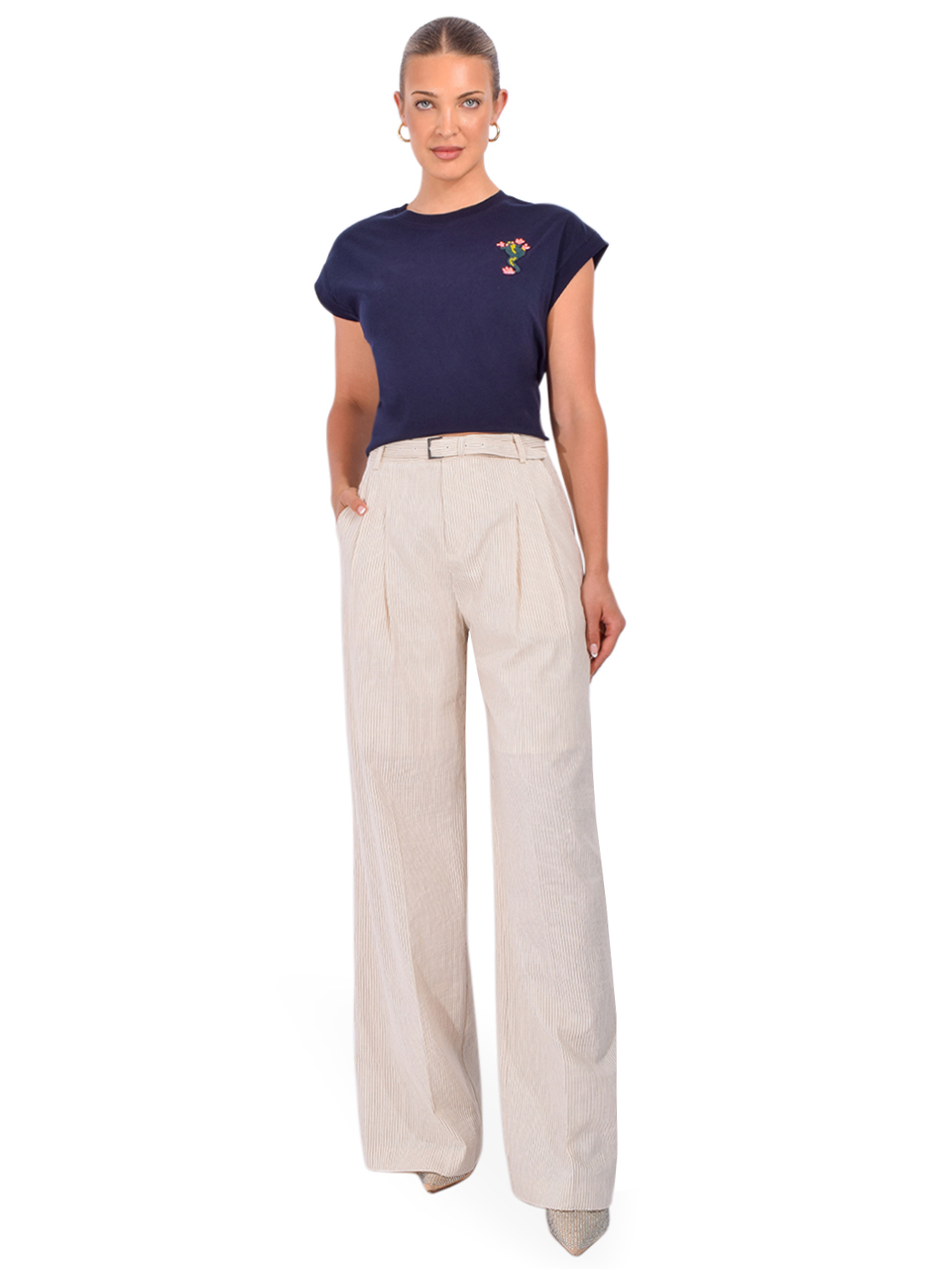 ESSENTIEL ANTWERP Jungala Embroidered T-Shirt in Navy Full Outfit 