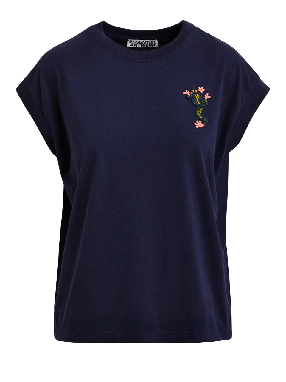 ESSENTIEL ANTWERP Jungala Embroidered T-Shirt in Navy Product Shot 