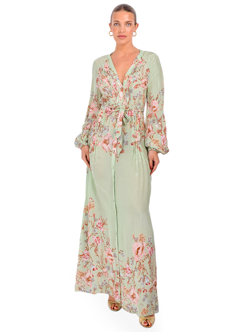 HEMANT & NANDITA Ezra Crepe Pintuck Maxi Dress in Green, Women's