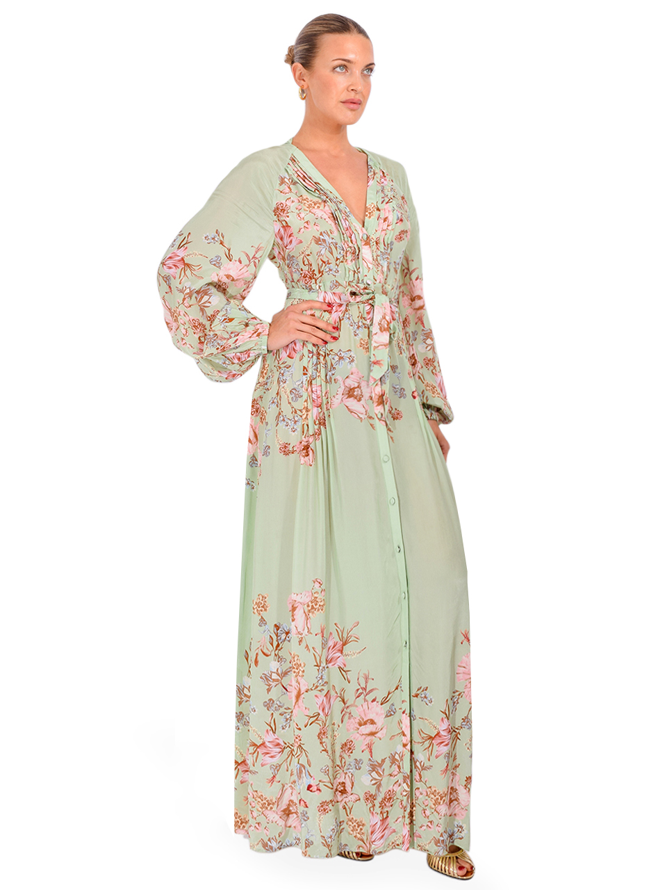 HEMANT & NANDITA Ezra Crepe Pintuck Maxi Dress in Green Side View 