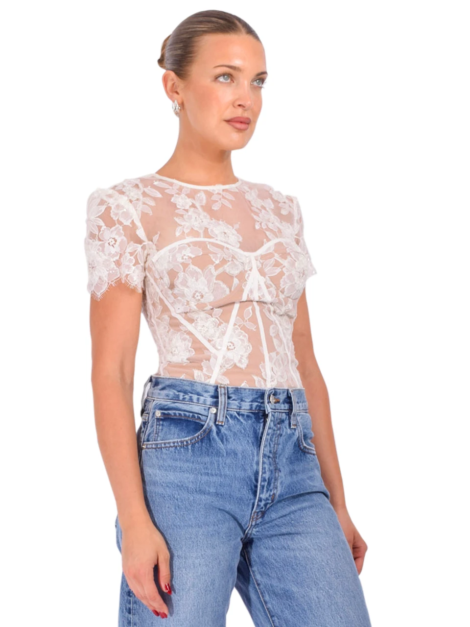 SELF-PORTRAIT Sequin Lace Top in Cream Side View 