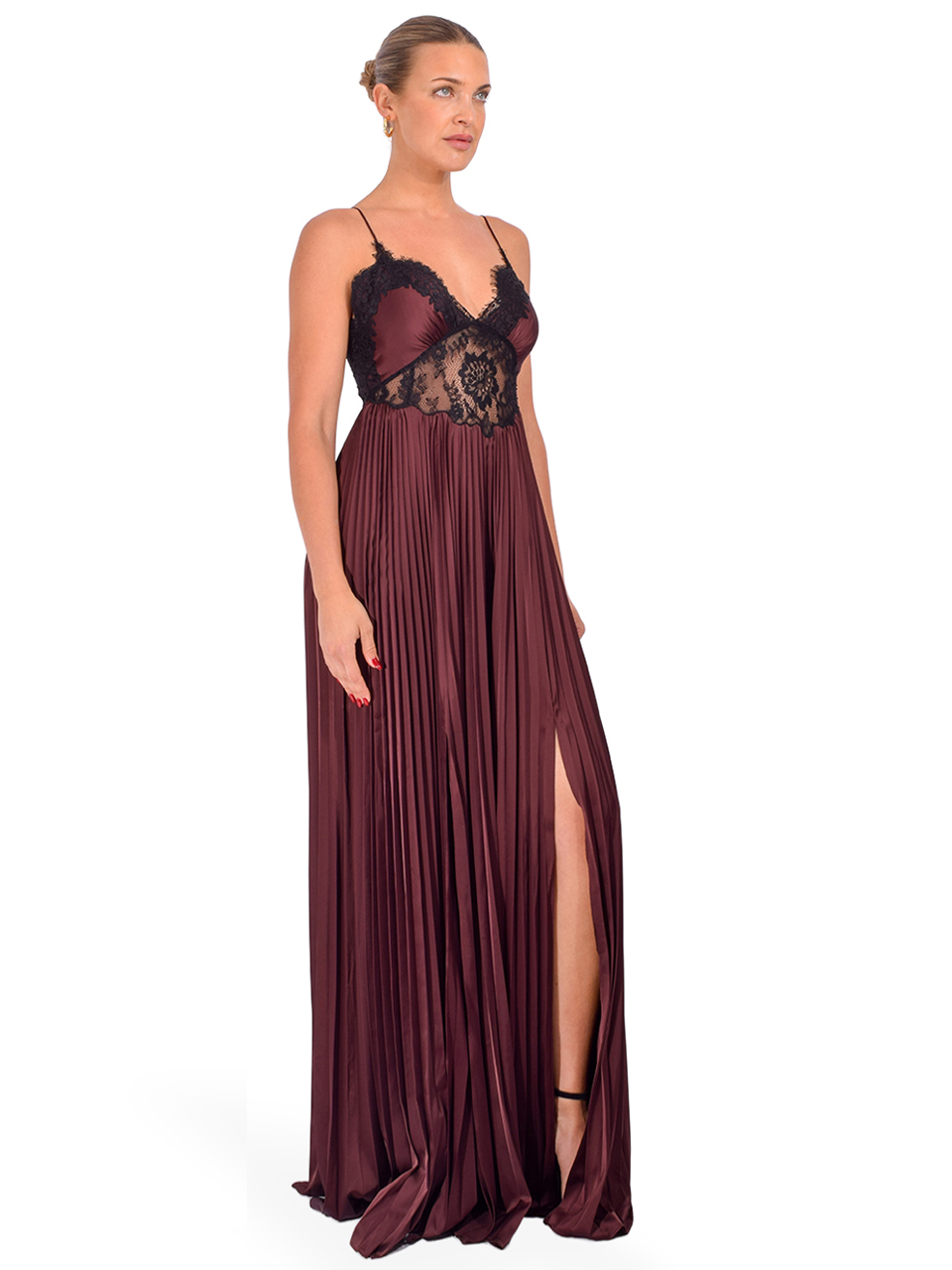 SELF-PORTRAIT Satin Lace Insert Maxi Dress in Brown Side View