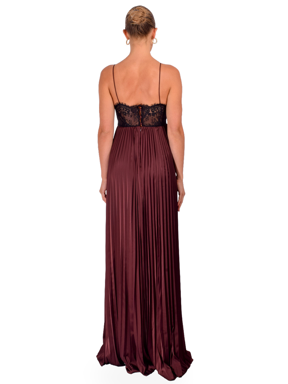 SELF-PORTRAIT Satin Lace Insert Maxi Dress in Brown Back View 