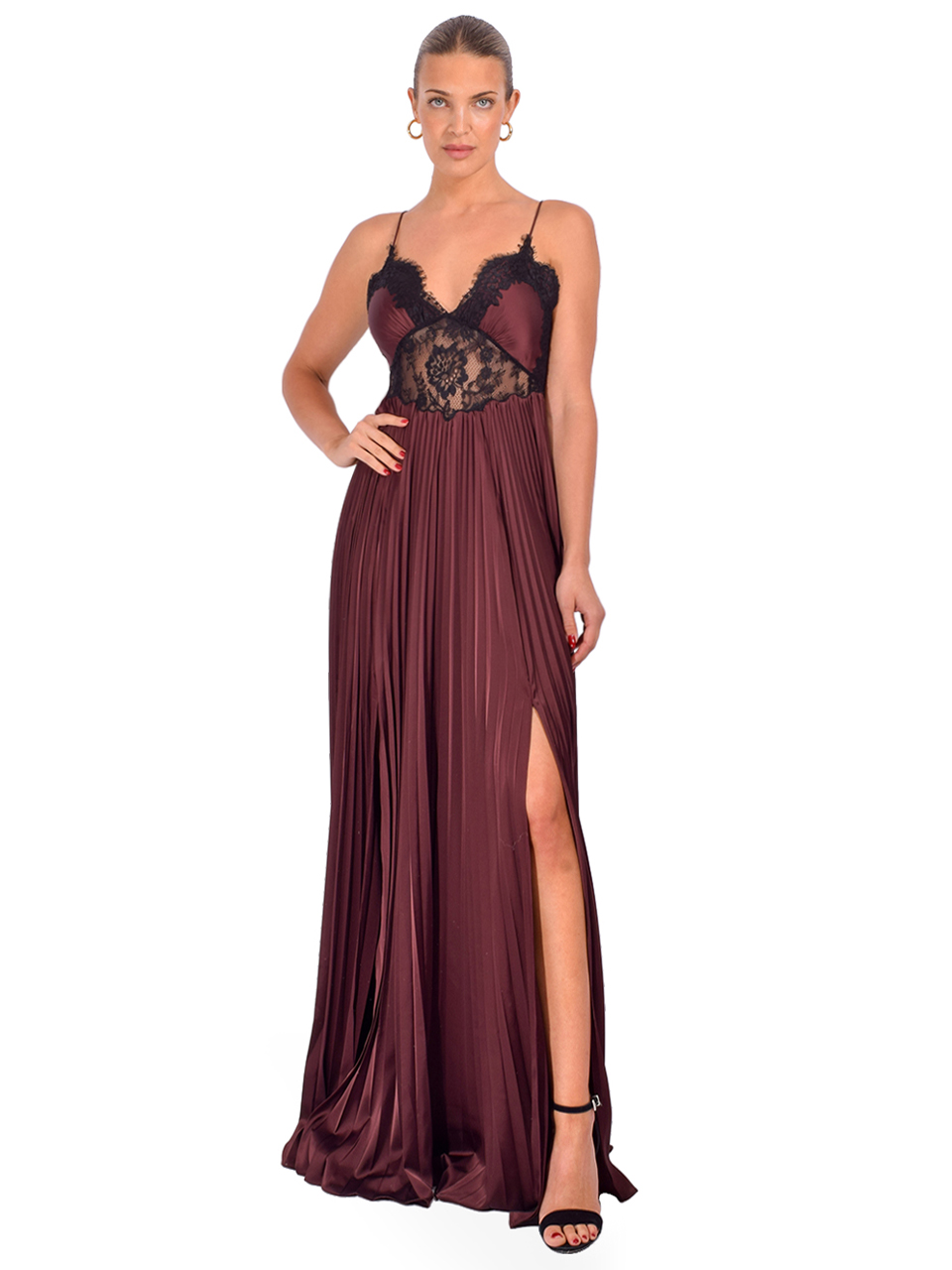 SELF-PORTRAIT Satin Lace Insert Maxi Dress in Brown Front View