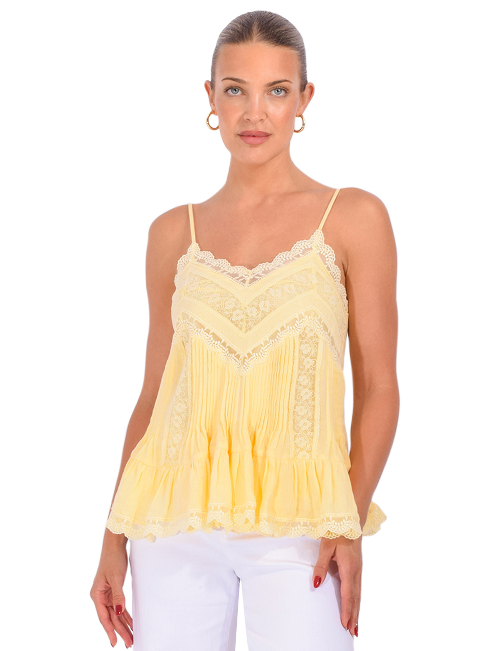 ROCOCO SAND Dove Strappy Lace Top in Yellow Front View 