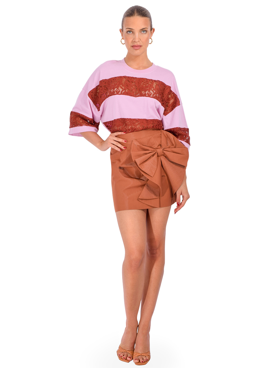 ESSENTIEL ANTWERP Joyous 3D Bow Mini Skirt in Brown Full Outfit 