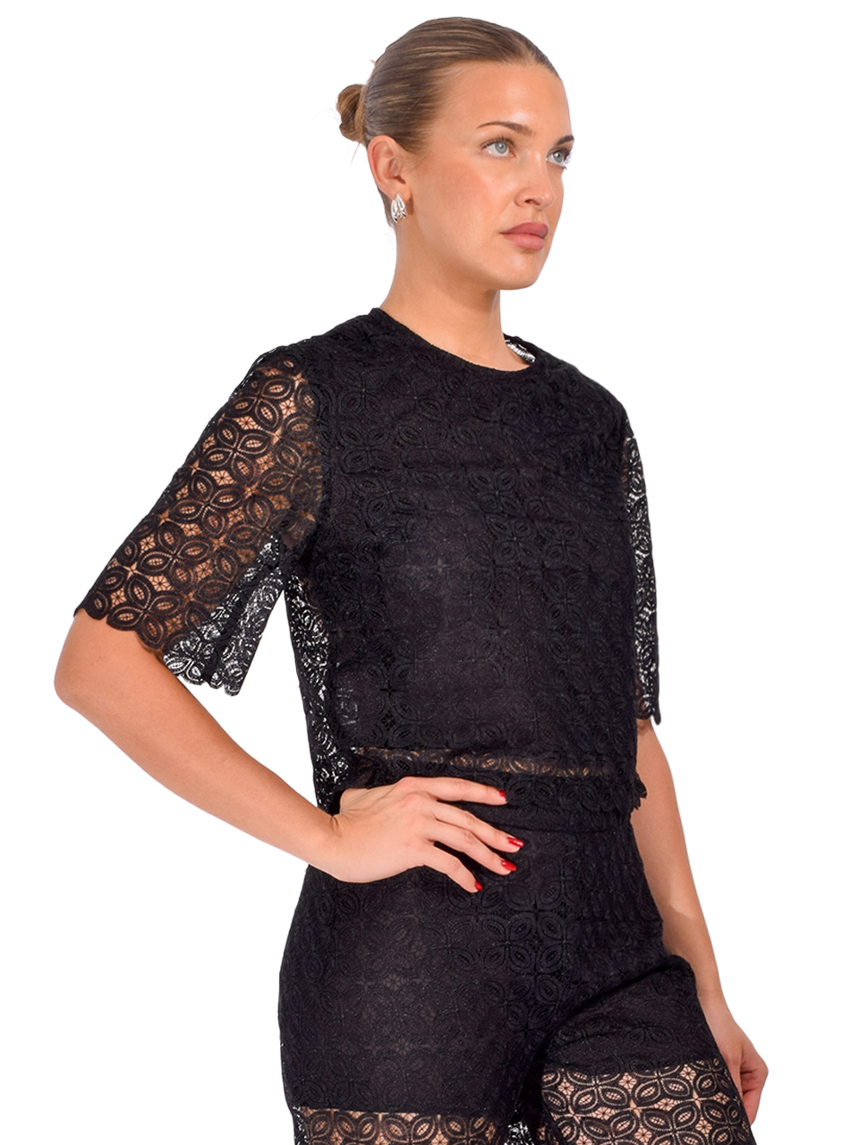 LE SUPERBE Micro Crochet Tee in Black Side View 