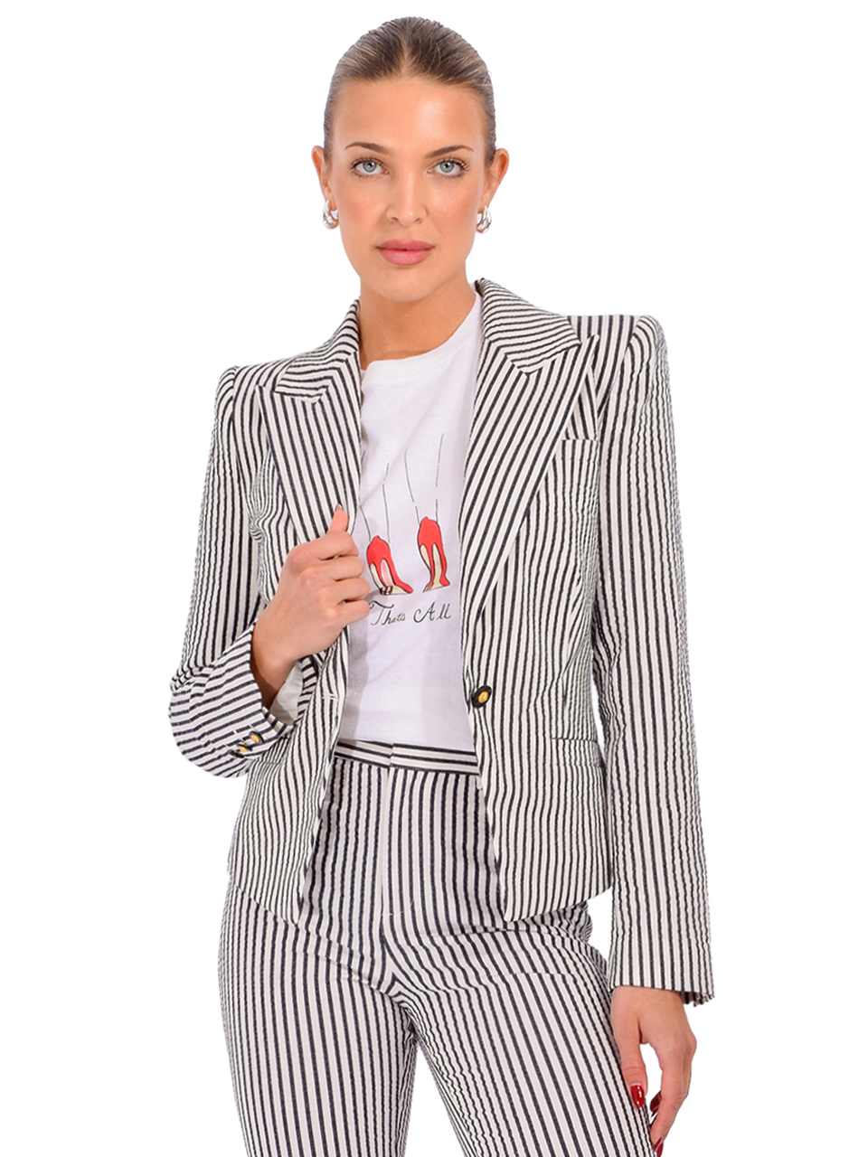L'AGENCE Misa Seersucker Blazer in Ivory/Midnight Stripe Front View 