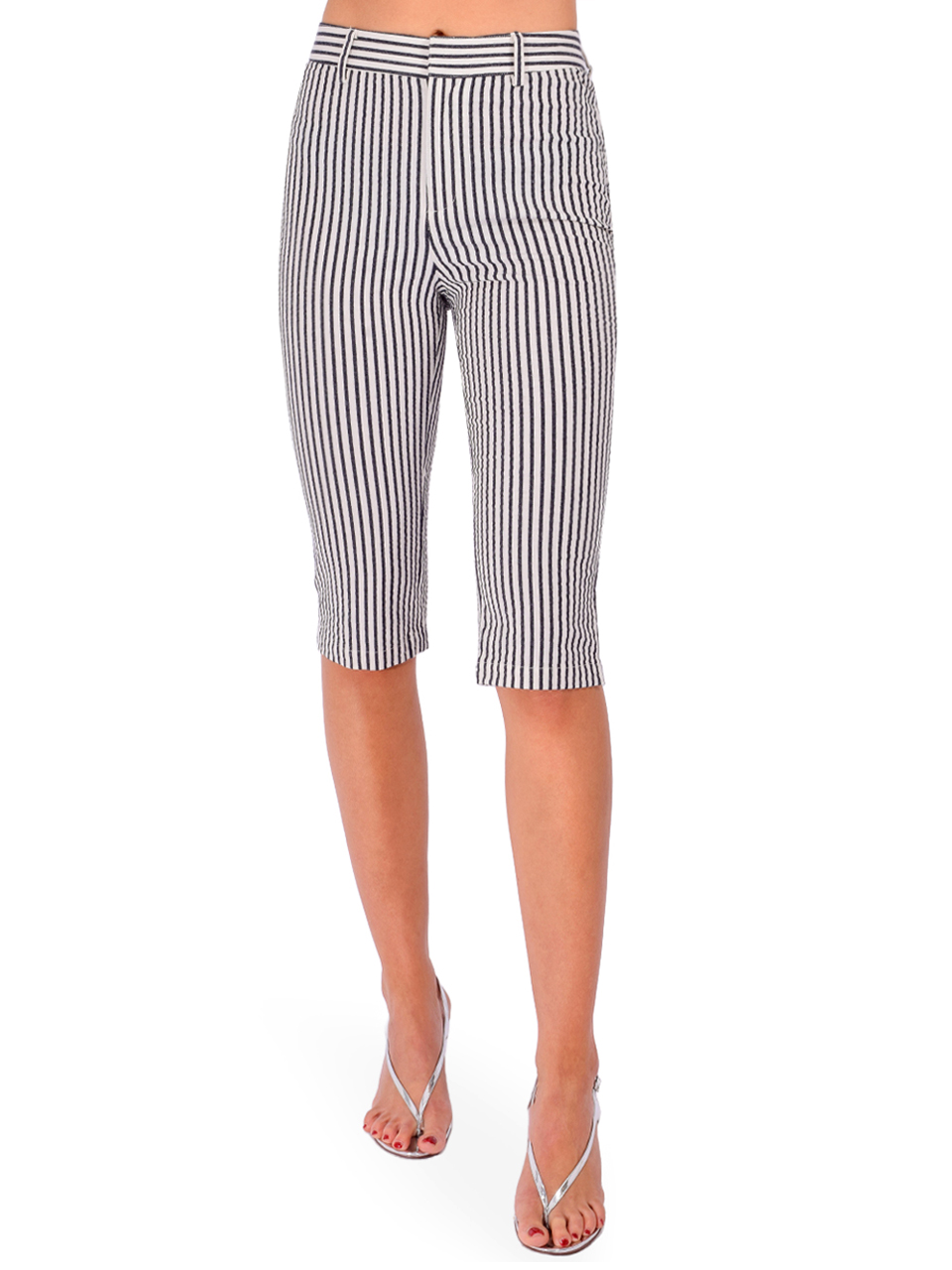 L'AGENCE Leni Pedal Pusher in Ivory/Midnight Stripe Front View 