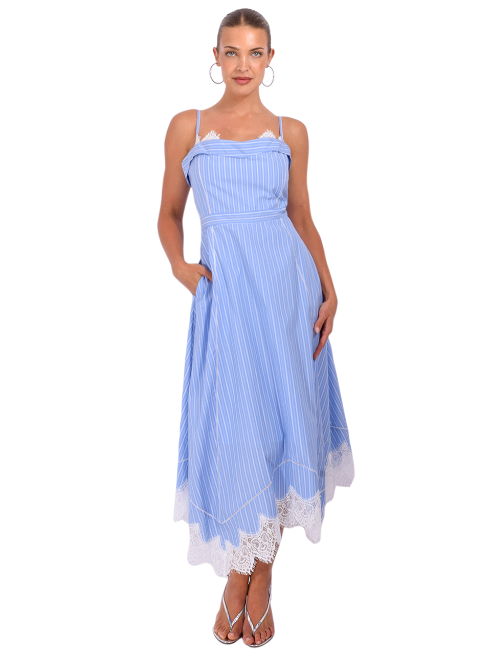 SIMKHAI Avaleigh Cotton Midi Dress in Oxford Blue Stripe Front View 2