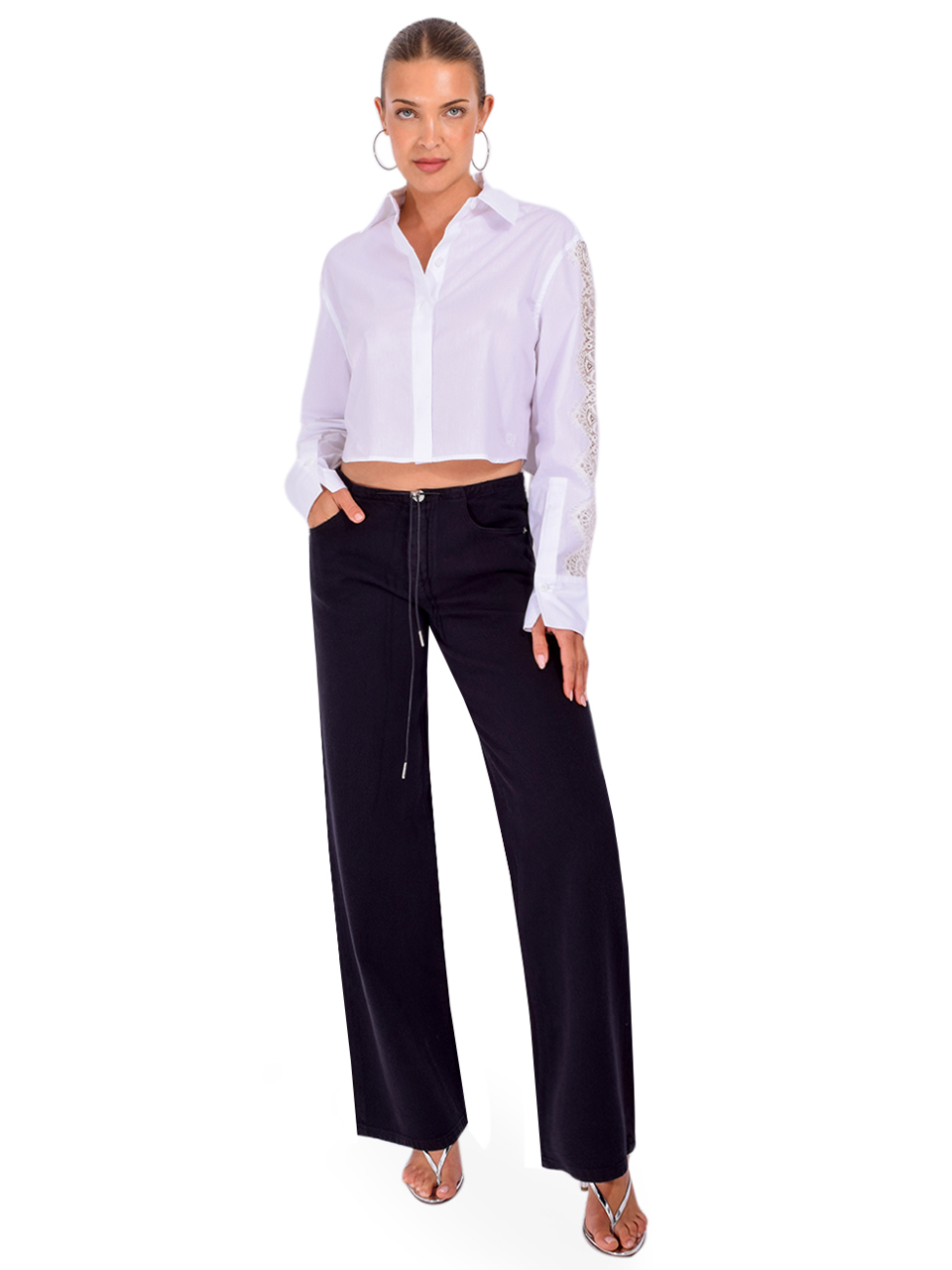 SIMKHAI Renata Cropped Shirt with Lace Detail in White Full Outfit 