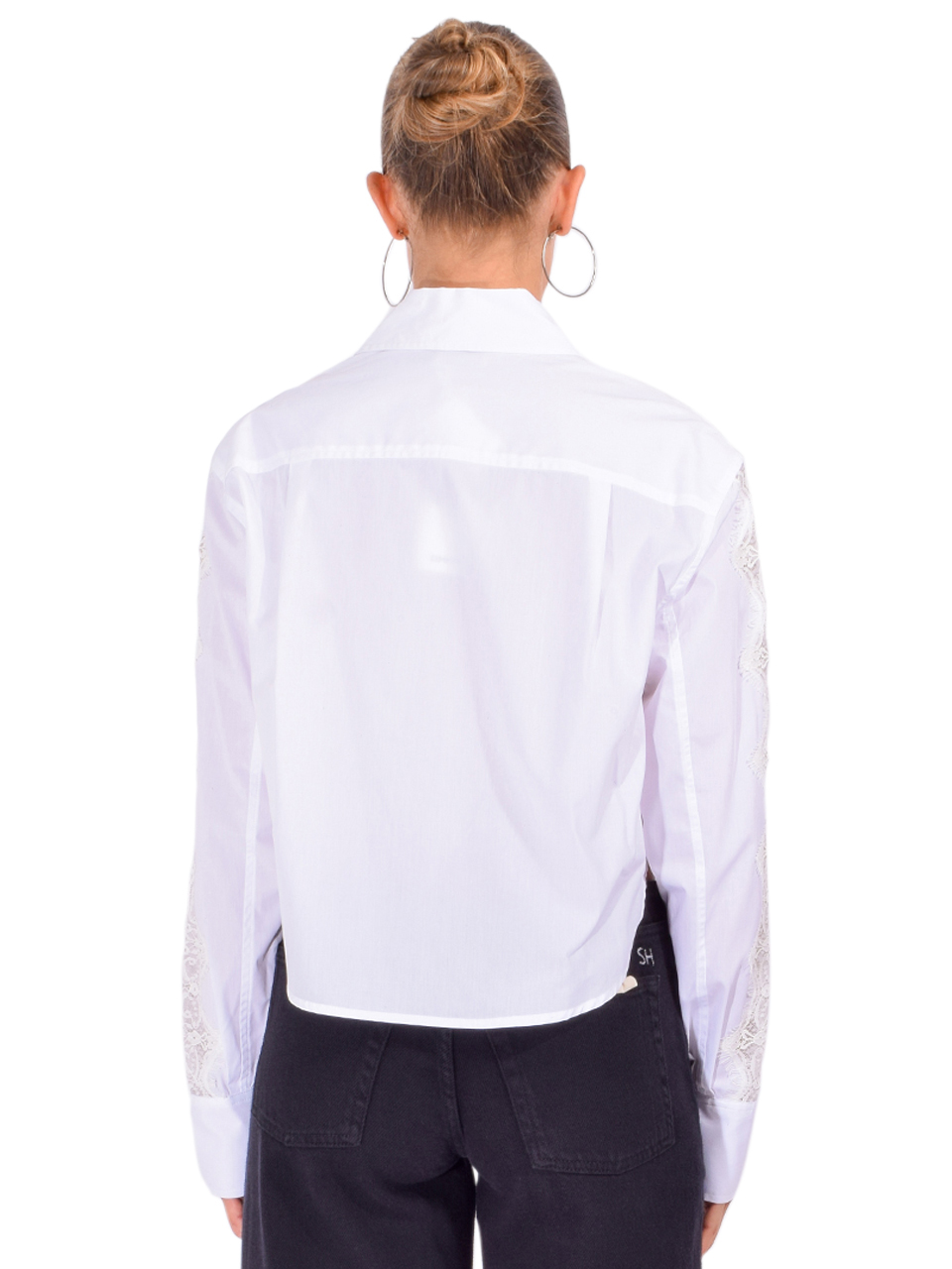 SIMKHAI Renata Cropped Shirt with Lace Detail in White Back View 