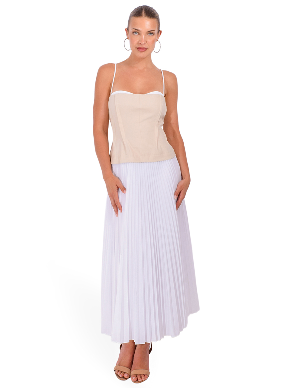 SIMKHAI Duval Linen Bustier Midi Dress in Sand Multi Front View 2
