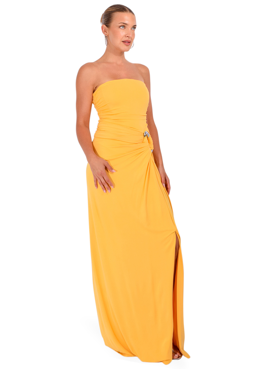 SIMKHAI Emma Strapless Bustier Gown in Mango Side View 