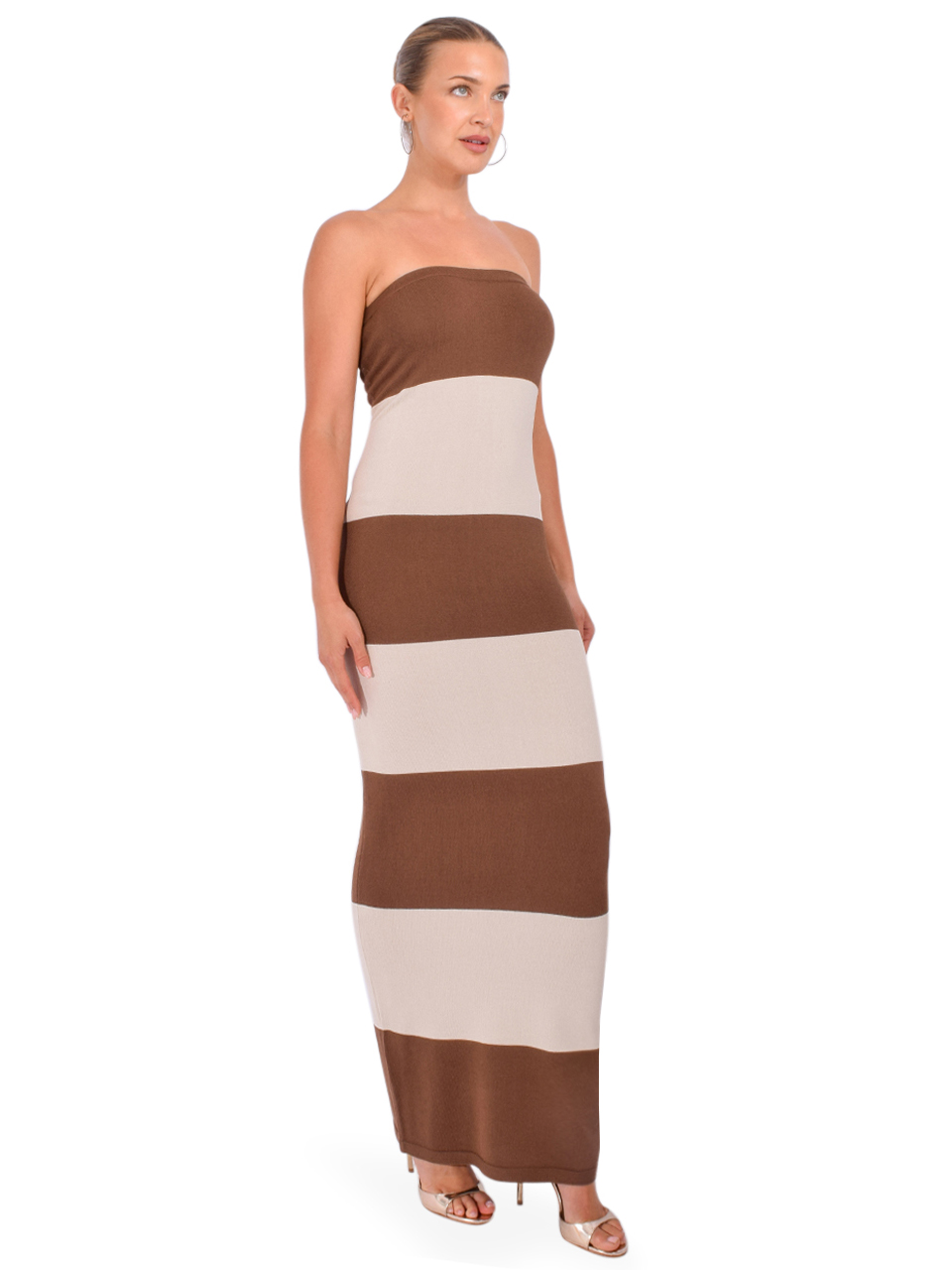 SER.O.YA Carrie Knit Maxi Dress in Brown Stripe Side View 